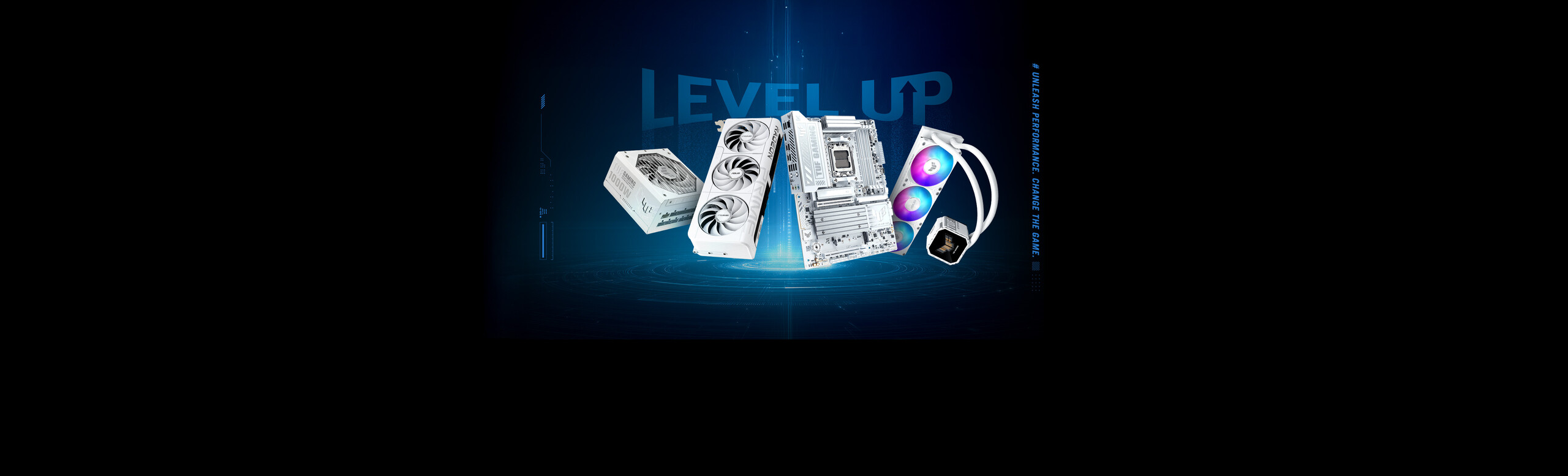 Upgrade What Matters giveaway banner showing a custom ASUS components, including motherboard, AIO cooler, power supply unit, and graphics card.
