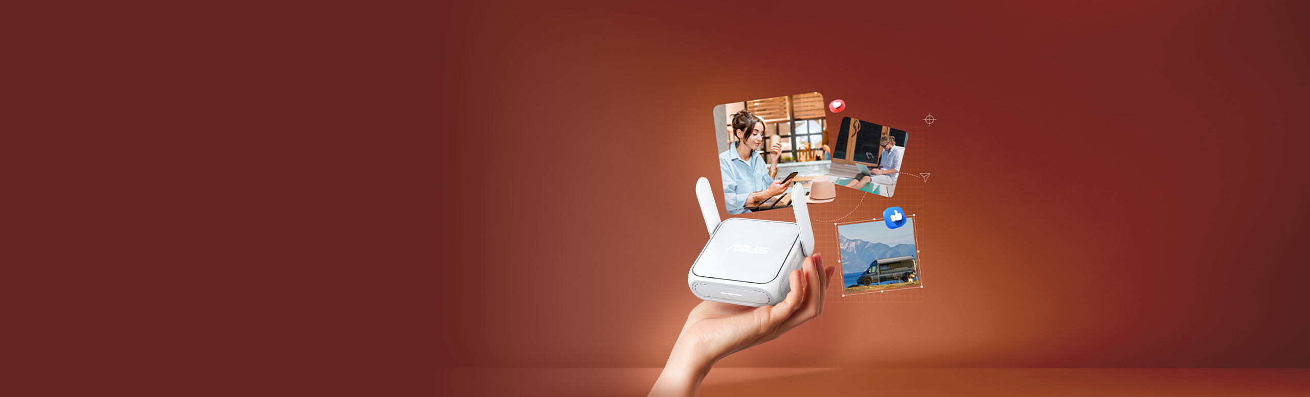 An ASUS RT-BE58 Go mini travel router held in hand, surrounded by travel and remote work lifestyle images.